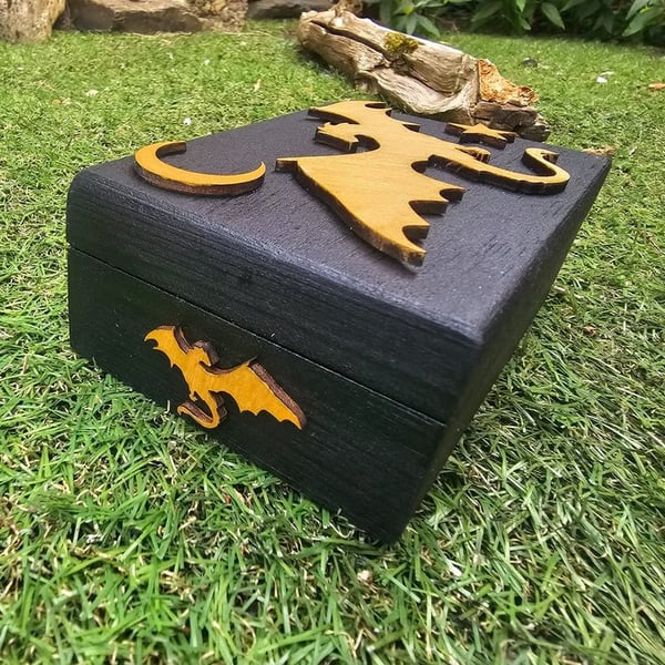 Handmade Wooden Jewellery Box with Dragon & Moon Design - Gothic Fantasy 