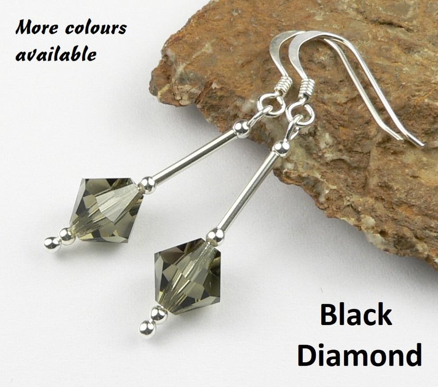 Black diamond Preciosa crystal drop earrings, sterling silver, 8mm, bicone