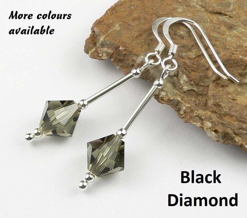 Black diamond Preciosa crystal drop earrings, sterling silver, 8mm, bicone