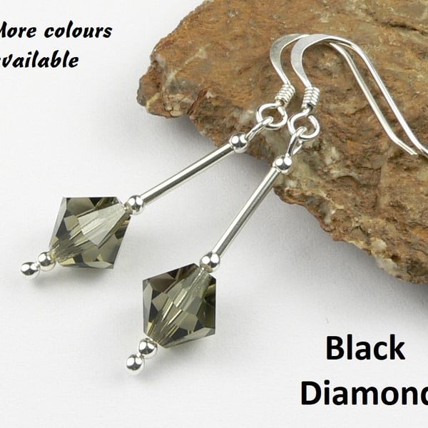 Black diamond Preciosa crystal drop earrings, sterling silver, 8mm, bicone