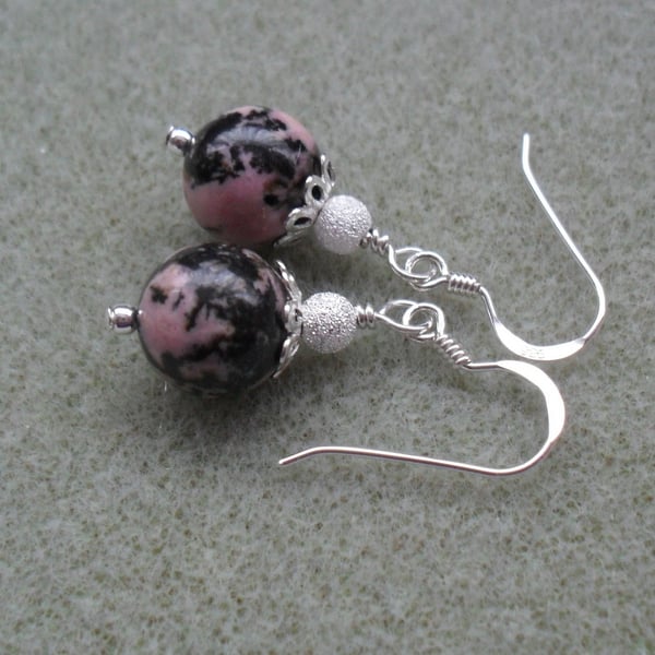 Rhodonite Semi Precious Gemstone Sterling Silver Earrings