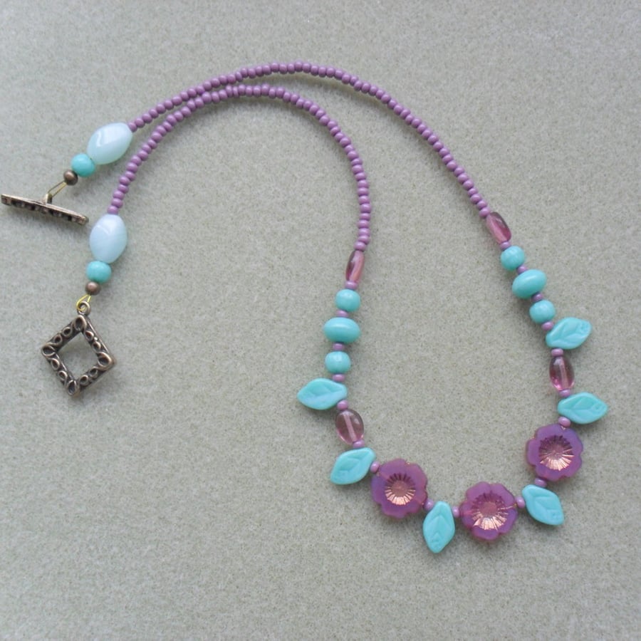 Purple and Turquoise Czech Glass Beaded Necklace