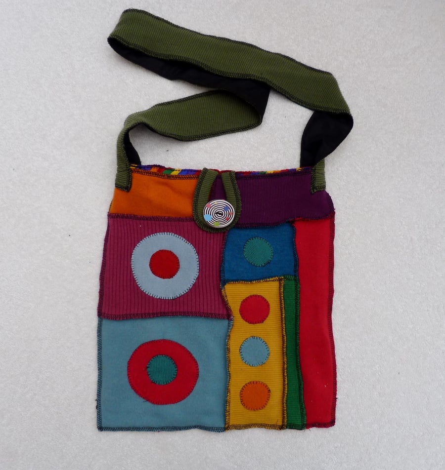Upcycled Sweater Shoulder Bag .Rainbow Colours. Green Strap. Cotton Lining
