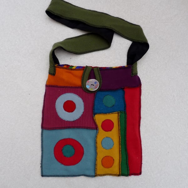 Upcycled Sweater Shoulder Bag .Rainbow Colours. Green Strap. Cotton Lining