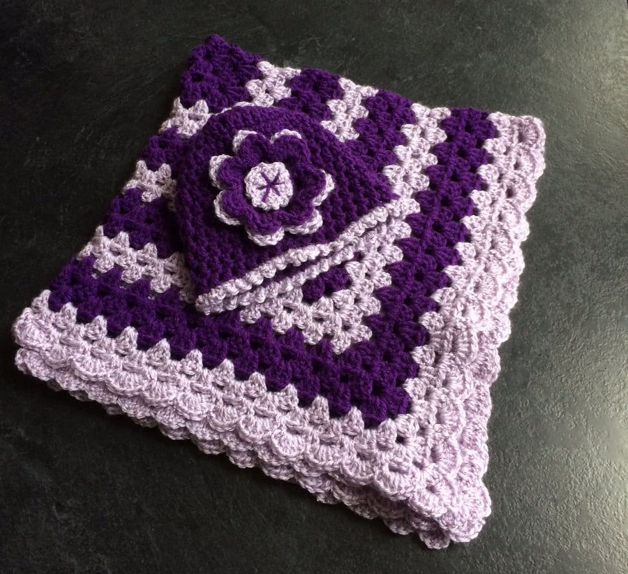 Hand Crochet Baby Blanket and Matching Hat Purple Lilac Lavender Sparkle