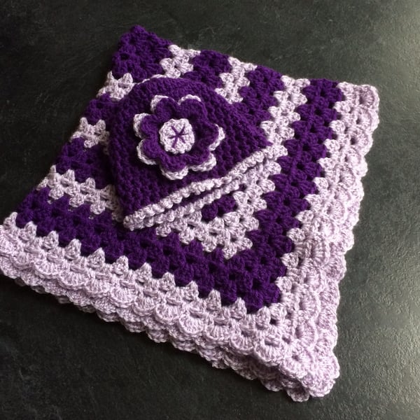Hand Crochet Baby Blanket and Matching Hat Purple Lilac Lavender Sparkle