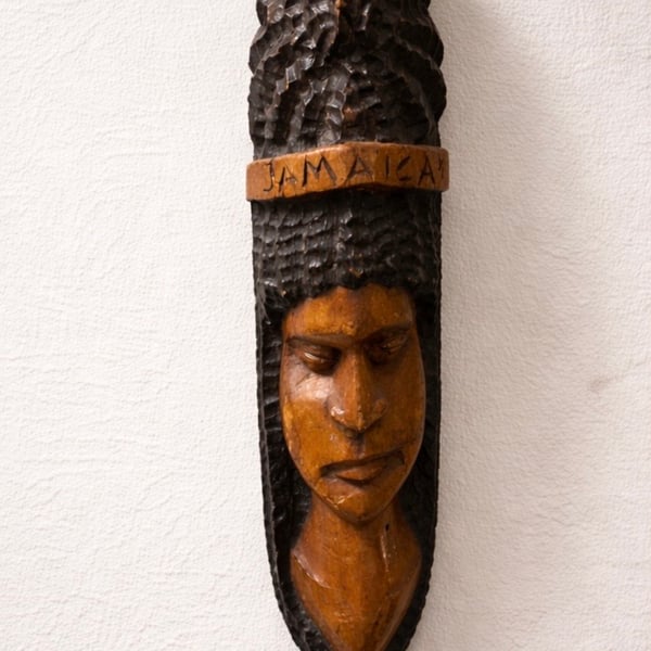 Vintage Jamaican Hand-Carved Wooden Mask – Quiet Guardian Wall Piece