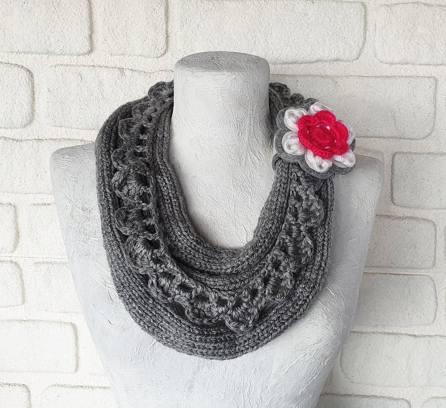 Crochet gray necklace -decorative wrap -woman accessories-bohemian shawl
