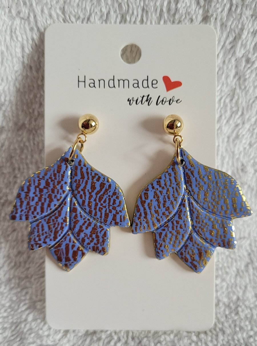 Handmade Polymer Clay Blue and Gold Leaf Earrings, 316 Surgical Stainless Steel