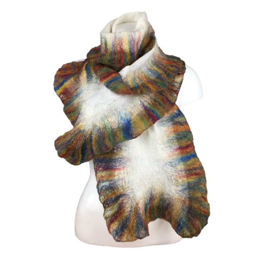 Long white nuno felted scarf with ruffled rainbow border, gift boxed