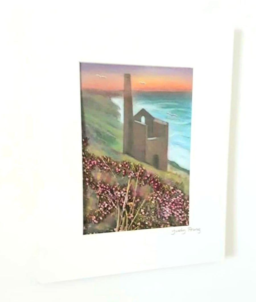 "Sunset and Engine House" in pastels with pressed heather and grasses