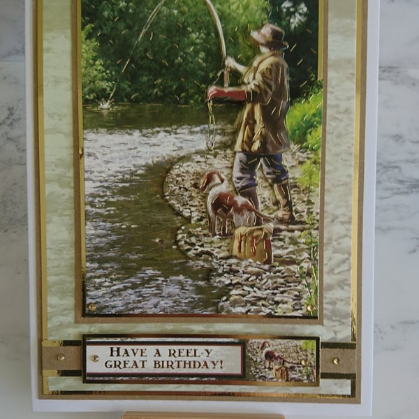 Fishing Birthday Card Fly Fishing Man and Dog Have A Reel-y Great Birthday!