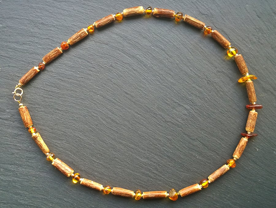 Baltic Amber Nugget and Hazel Wood Beaded Necklace. Unisex. Gold Filled Fittings