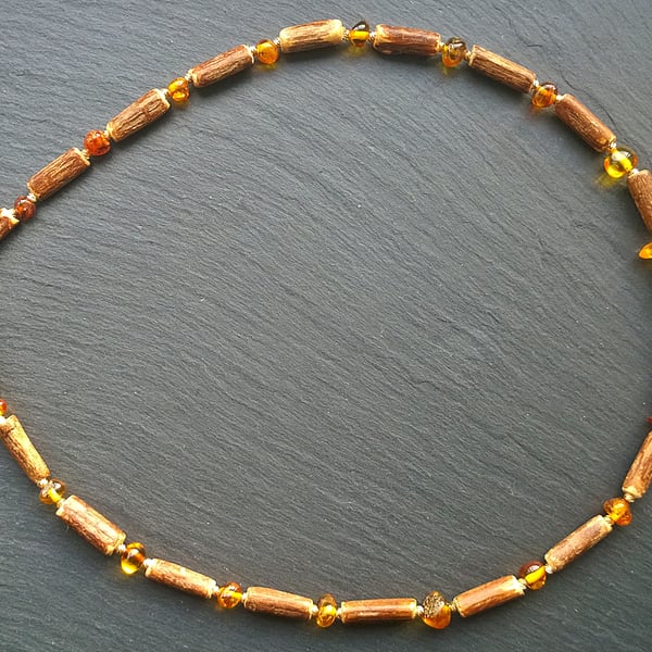 Baltic Amber Nugget and Hazel Wood Beaded Necklace. Unisex. Gold Filled Fittings