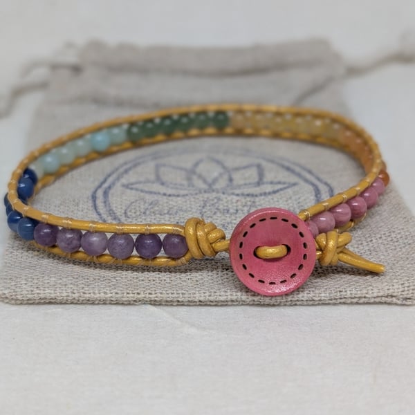 Pastel rainbow gemstone large bracelet with gold leather and pink button