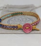 Pastel rainbow gemstone large bracelet with gold leather and pink button - Image 1