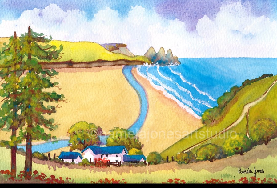 Three Cliffs Bay, Gower, Original Watercolour in 14 x 11 '' Mount