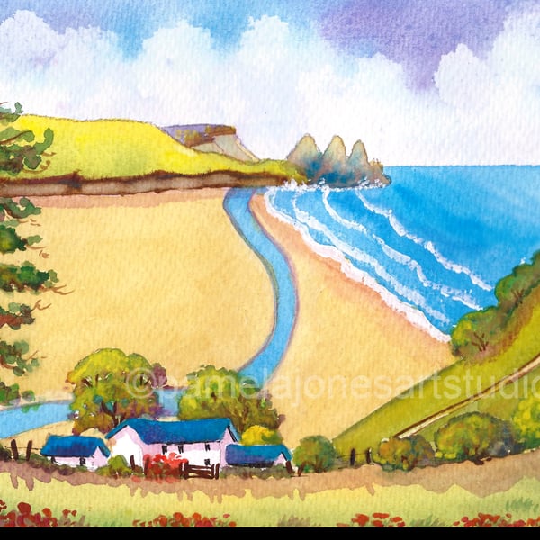 Three Cliffs Bay, Gower, Original Watercolour in 14 x 11 '' Mount