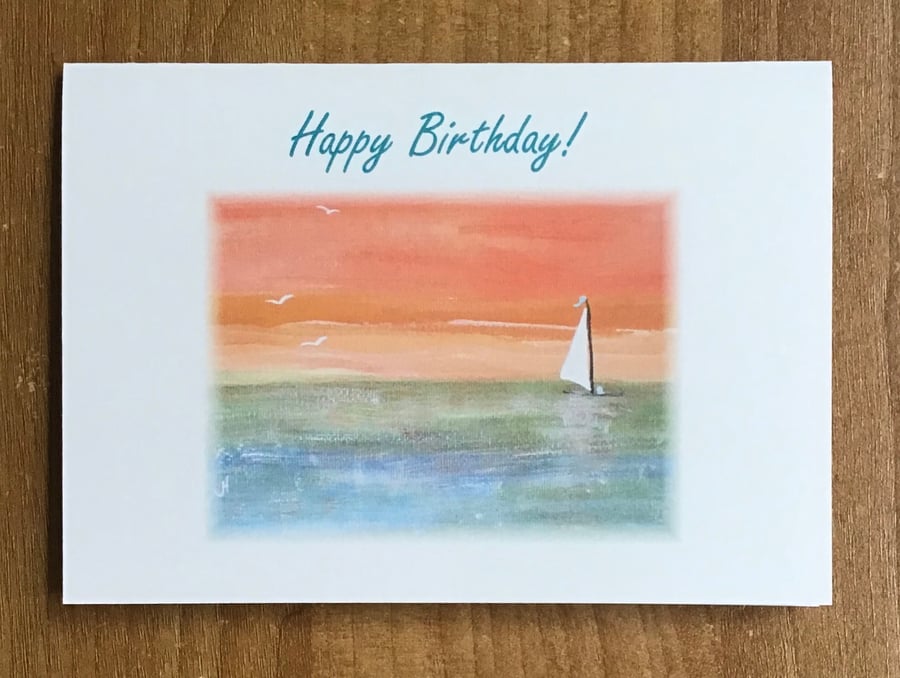 Seascape,Hand painted, Happy birthday,Water colour,Sailing boat