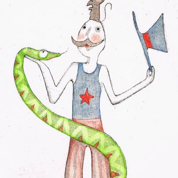 Snake Charmer, hand coloured dry point etching - Folksy