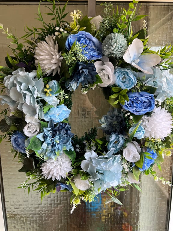 Beautiful blue and white flower door wreath