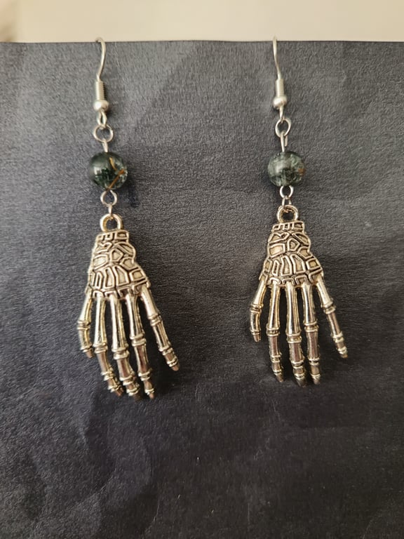 Gothic skeleton hand dangle earrings with bead detail 