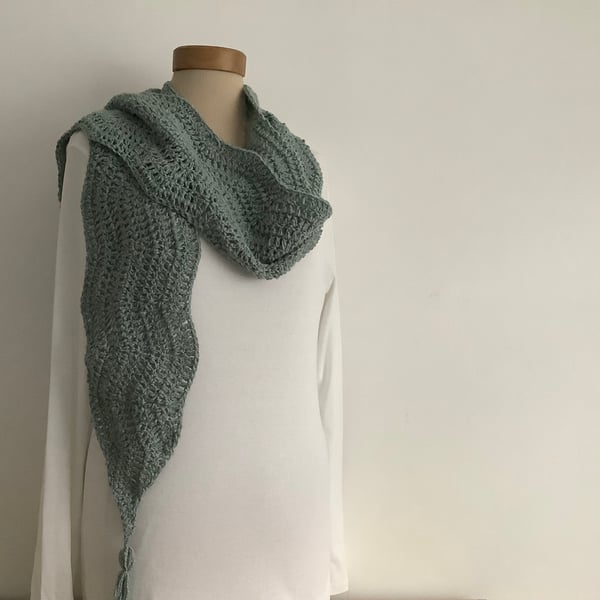 COTTON blend scarf. 'Landscape' Soft , lightweight , all-seasons . Green . 