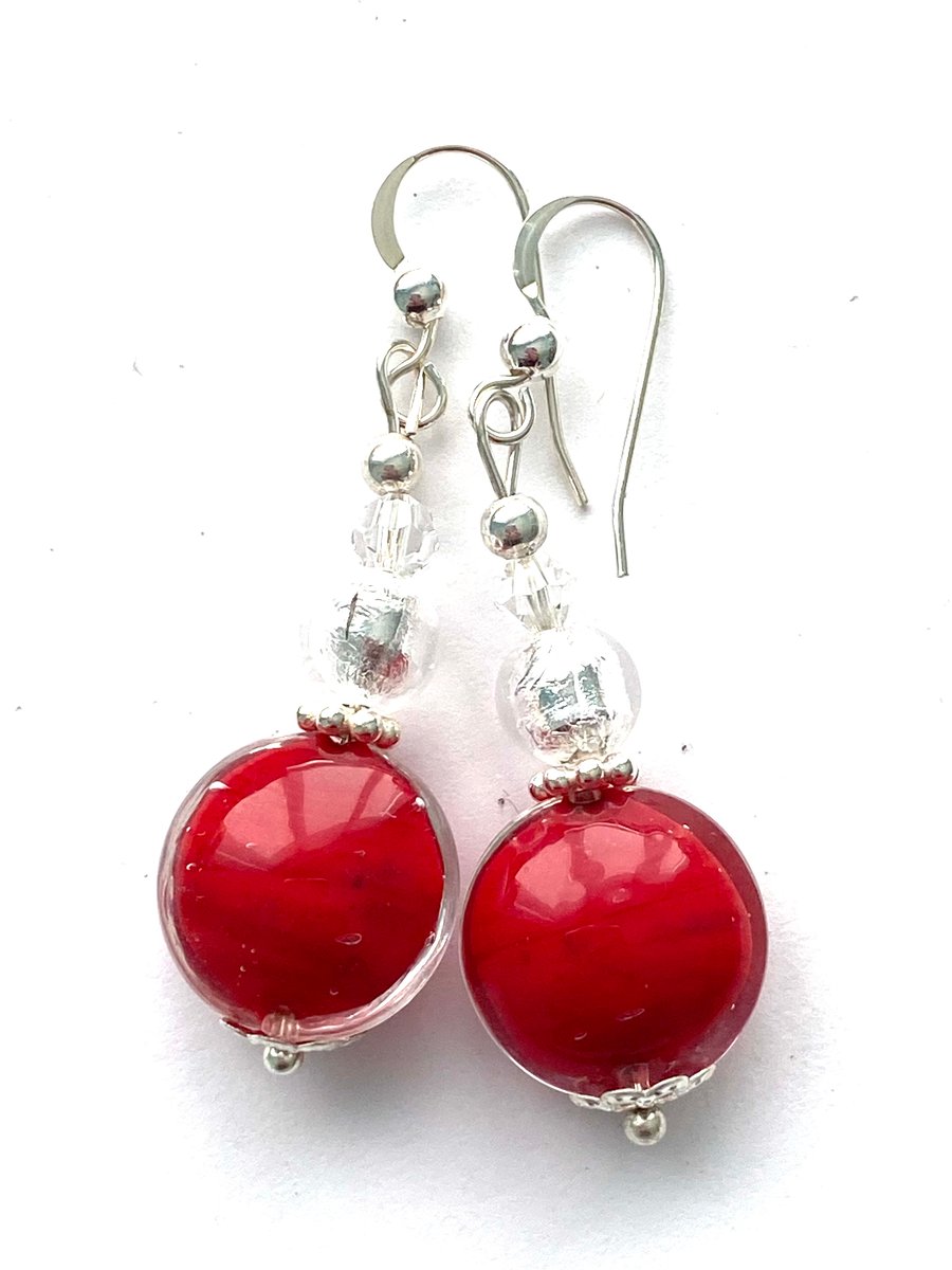 Murano glass earrings with red lentil beads Swarovski and sterling silver.   