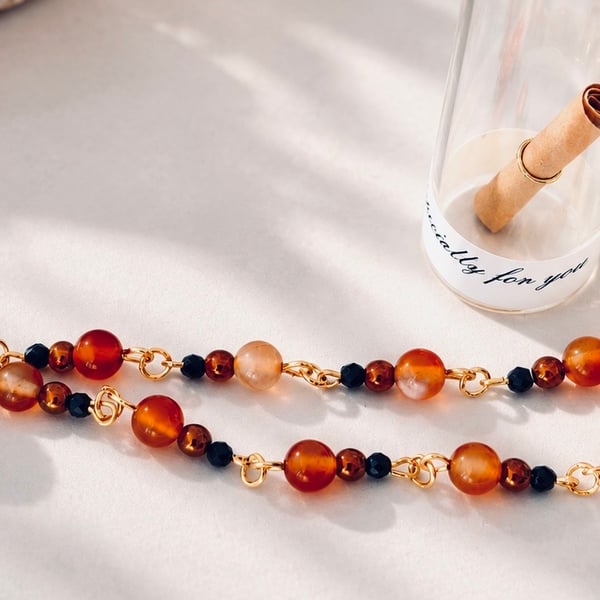 Red Orange Carnelian, Hematite & Black Spinel Bracelet in a Bottle