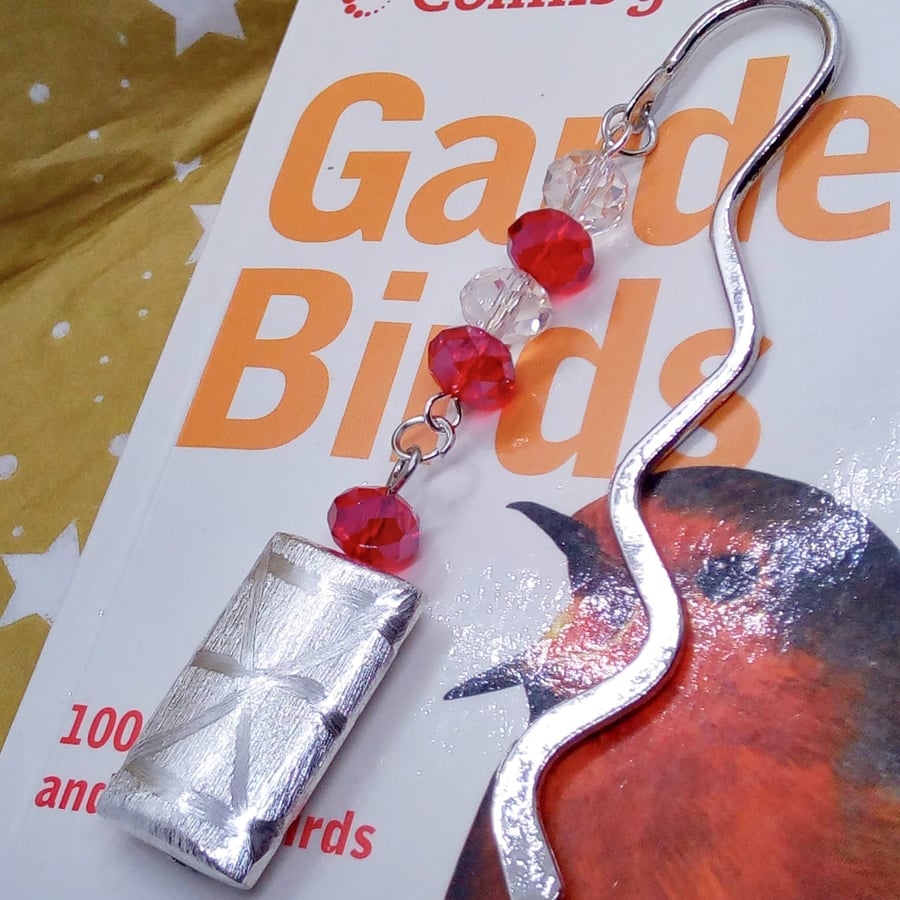 Bookmark with Garnet Red & Clear Crystals and a Silver Rectangle, Teacher's Gift