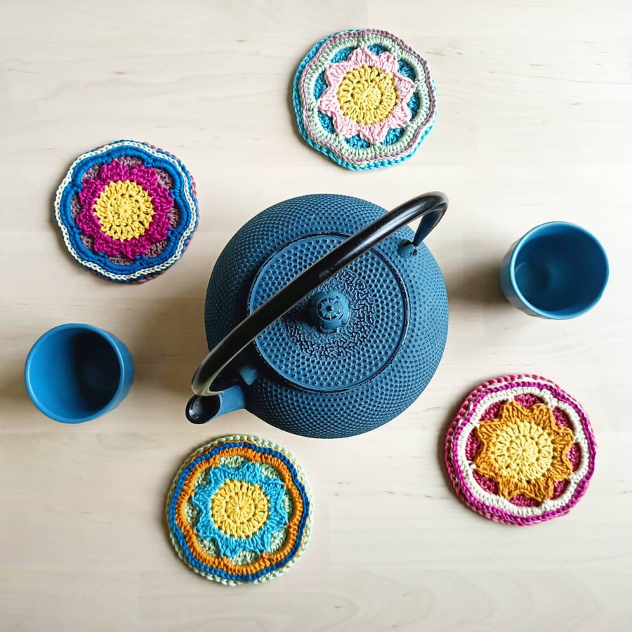 Mandala Set of 4 Coasters, Flower Crochet