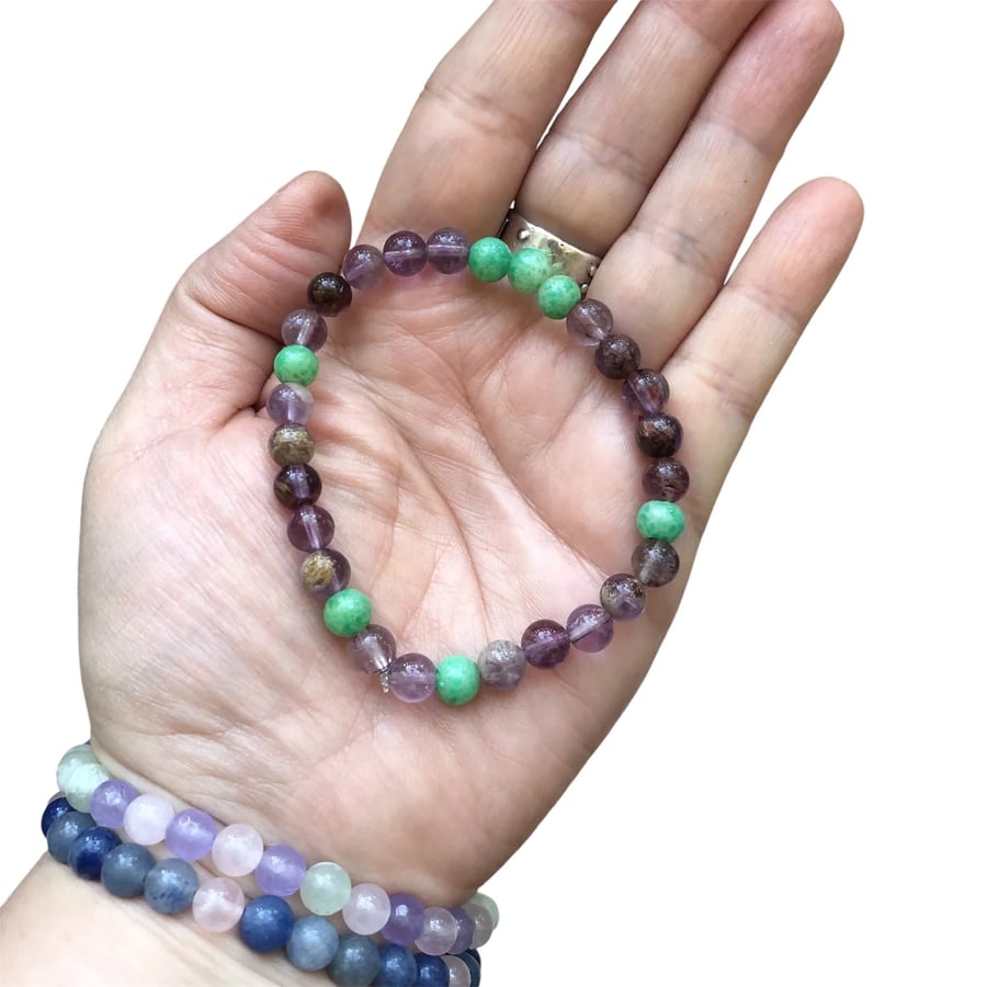 Fluorite and Green Jade Boho Beaded Bracelet