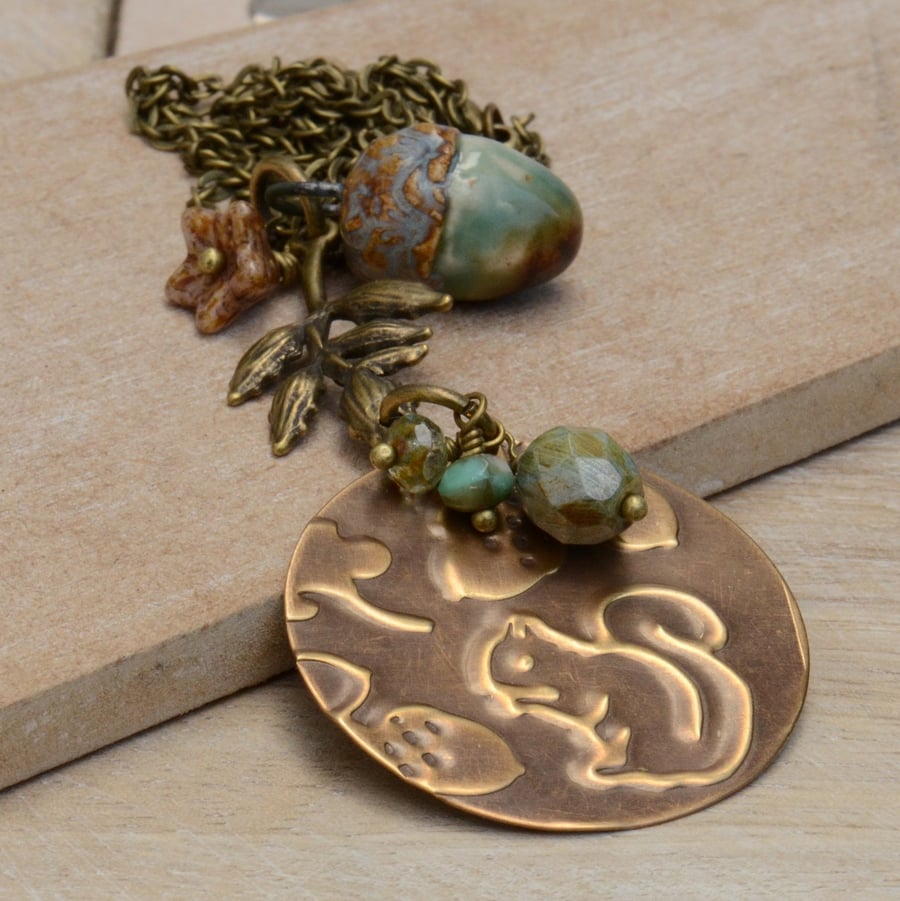 Vintaj Brass Embossed Squirrel Pendant with Ceramic Acorn & Czech Beads