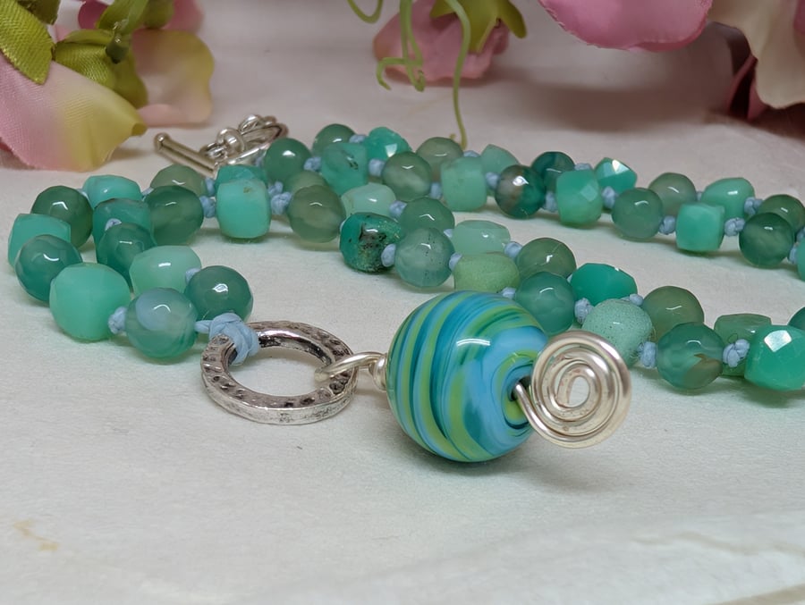 Blue-green agate and chrysoprase knotted necklace with lamp work bead