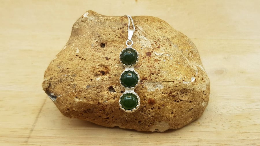 Triple stone Nephrite Jade pendant necklace. 12th anniversary gemstone 