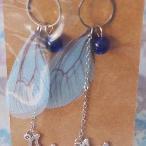 Butterfly Wing Dangle Earrings Blue Wings with a Chain and Moon Charms