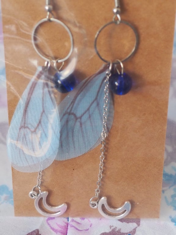 Butterfly Wing Dangle Earrings Blue Wings with a Chain and Moon Charms