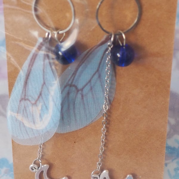 Butterfly Wing Dangle Earrings Blue Wings with a Chain and Moon Charms