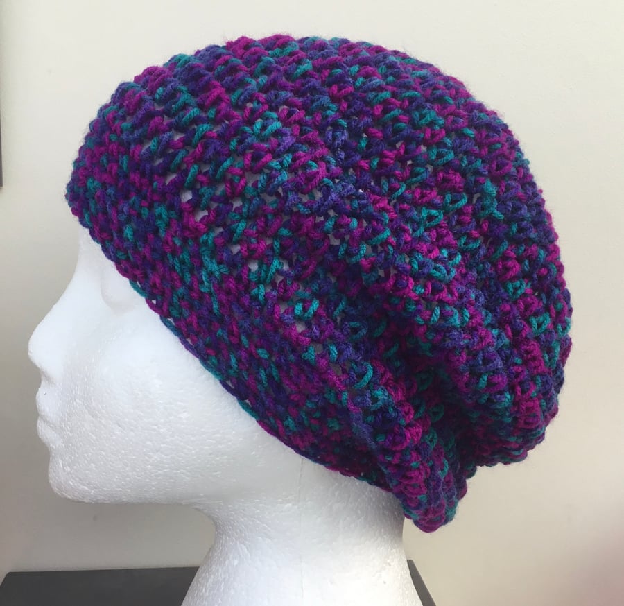 Purple Mermaid! Crocheted Beanie, Slouchy or Beret in Jarol Acrylic Yarn.