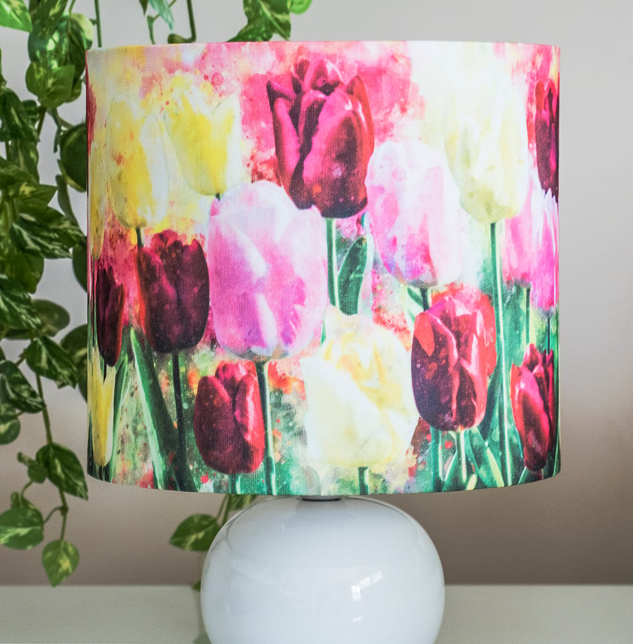 20cm round drum table-lamp lampshade tulips flowers floral design watercolour   