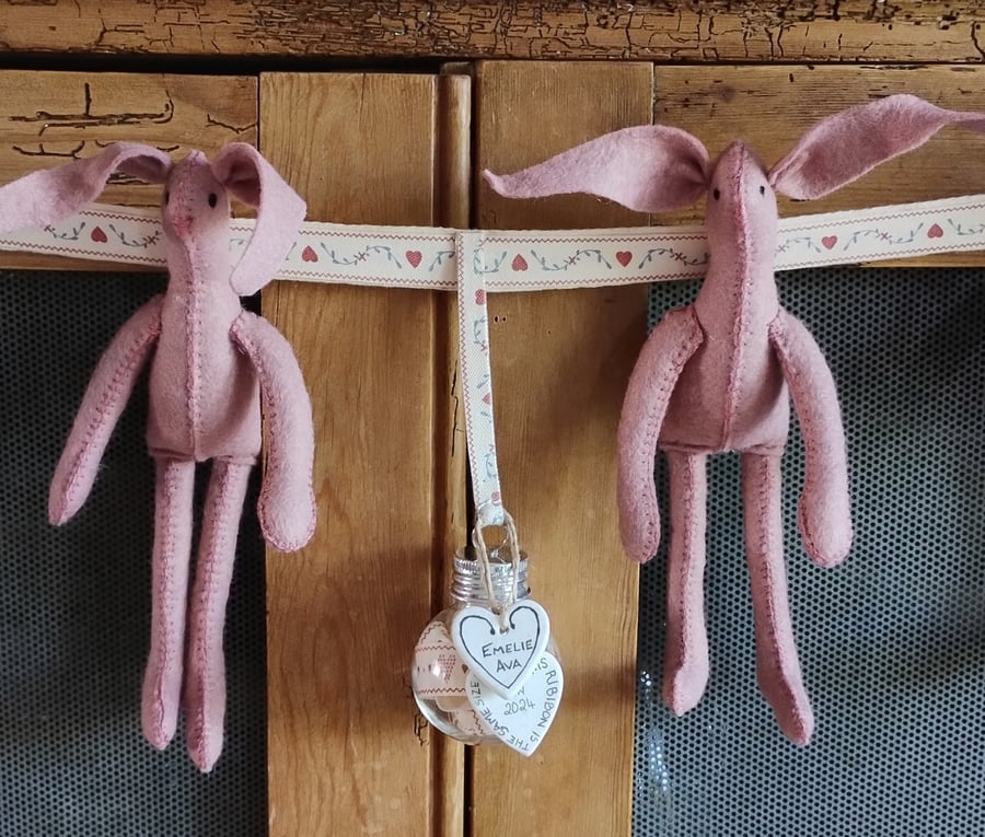 NEW BORN PERSONALISED BAUBLE 2 BUNNIES KEEPSAKE