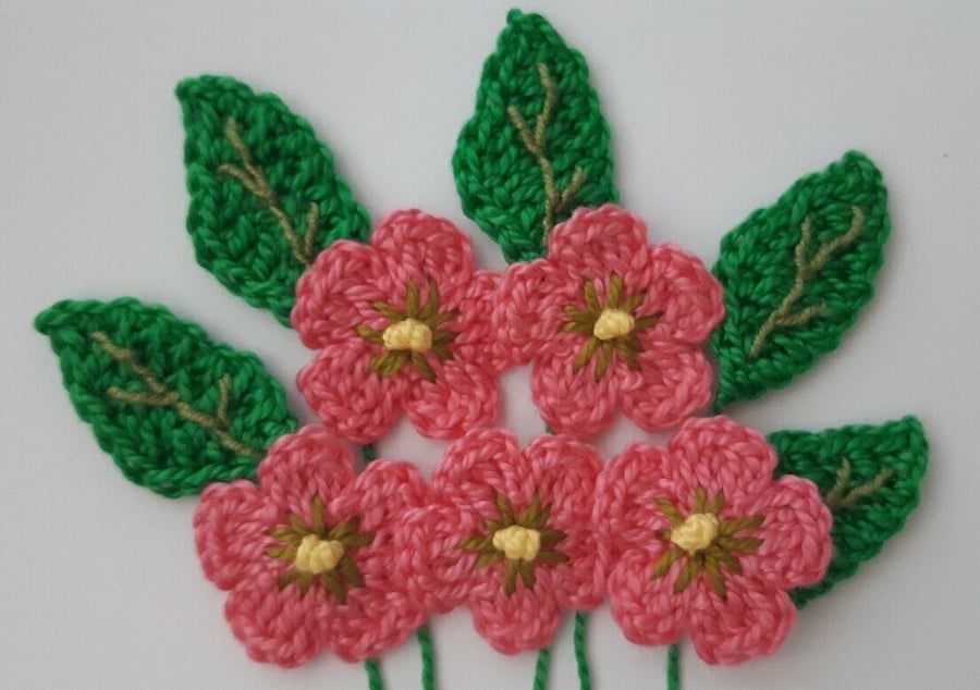 Tiny Pink Crochet Flowers with Leaves- Appliques- Embellishments- Crafts
