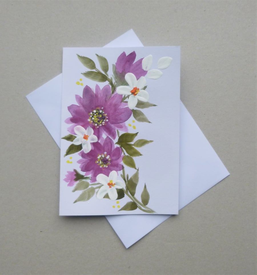 greetings card hand painted floral blank card ( ref F 435.H4 )