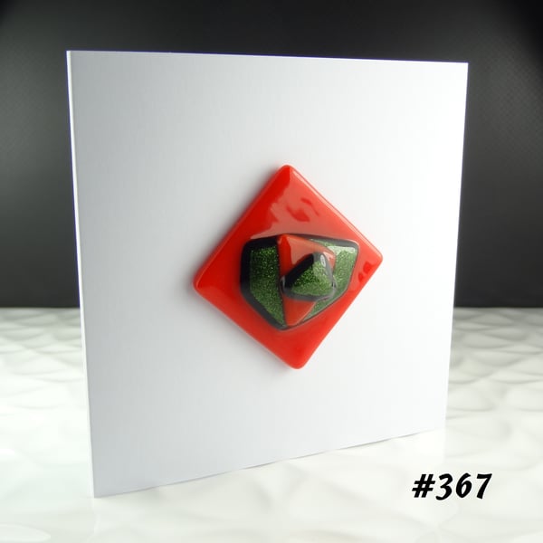 Red and green textured stacked handcrafted fused glass blank card (367)