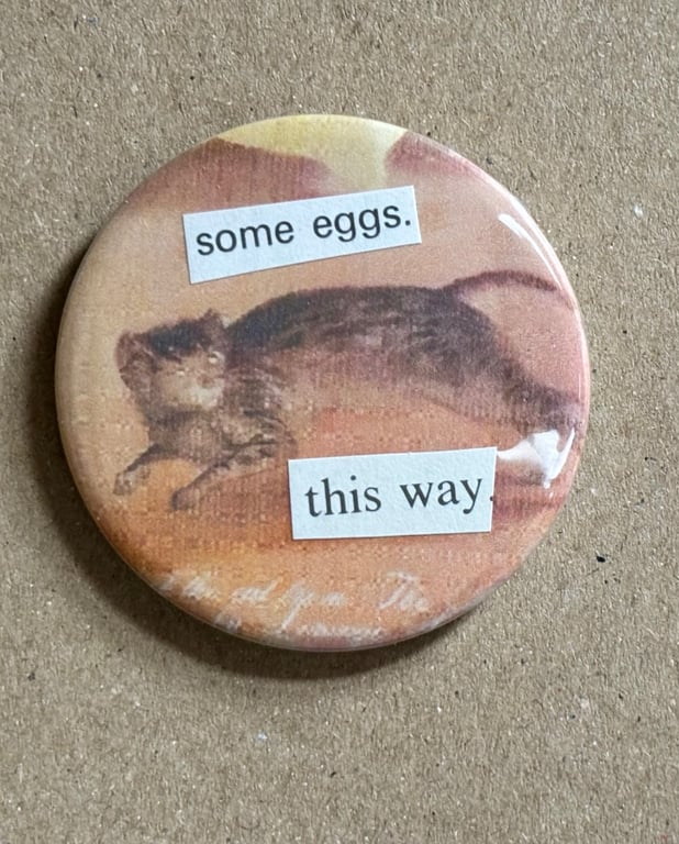 Collage pin badge - medieval cat meme - some eggs this way