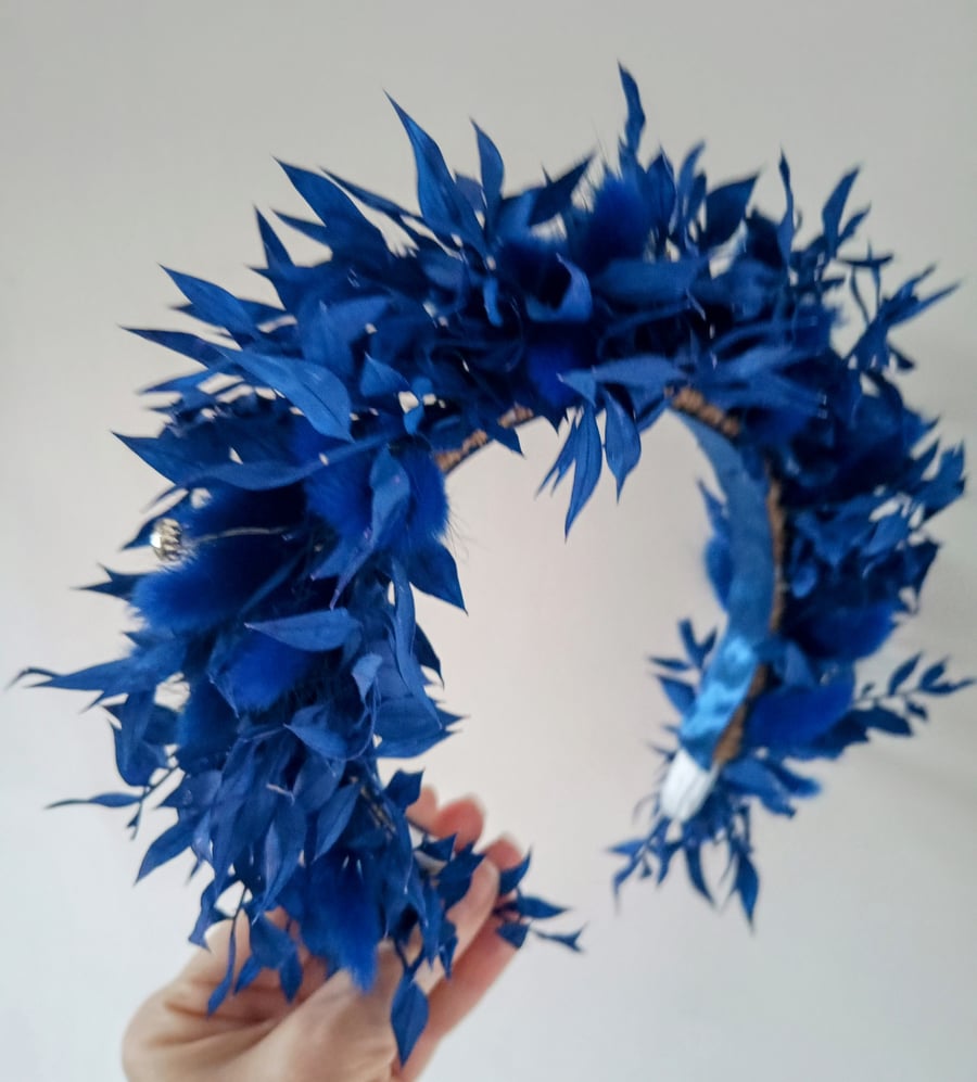 Soft Ruscus Dried Flower Crown- Blue