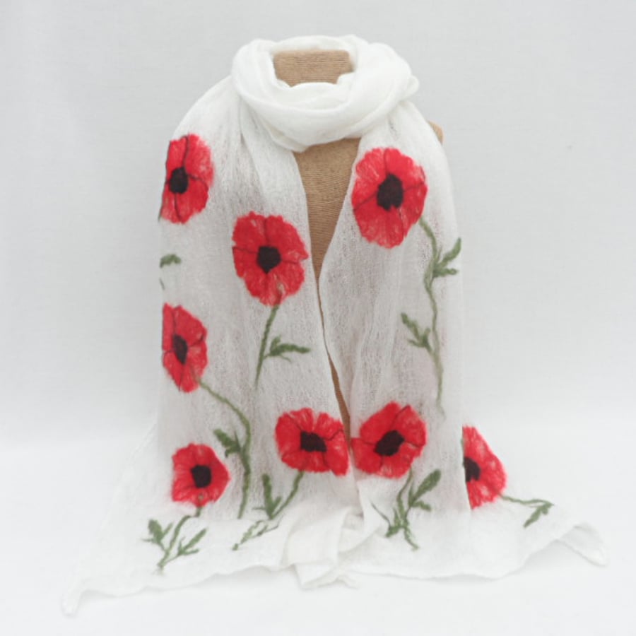 Long white nuno felted scarf with poppies