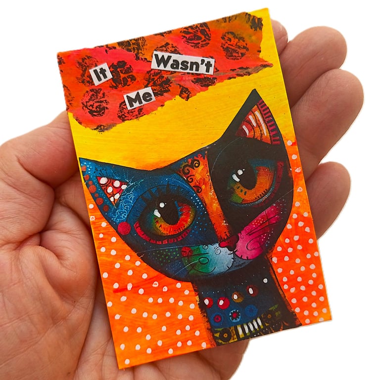 Funny Miniature Cat Art Trading Card ACEO Original Quirky Colorful Kitty Artwork