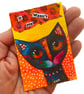 Funny Miniature Cat Art Trading Card ACEO Original Quirky Colorful Kitty Artwork