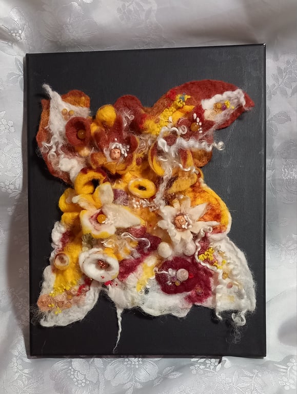 3D Wet-felted organic wall hanging on canvas. Vibrant autumn colours.